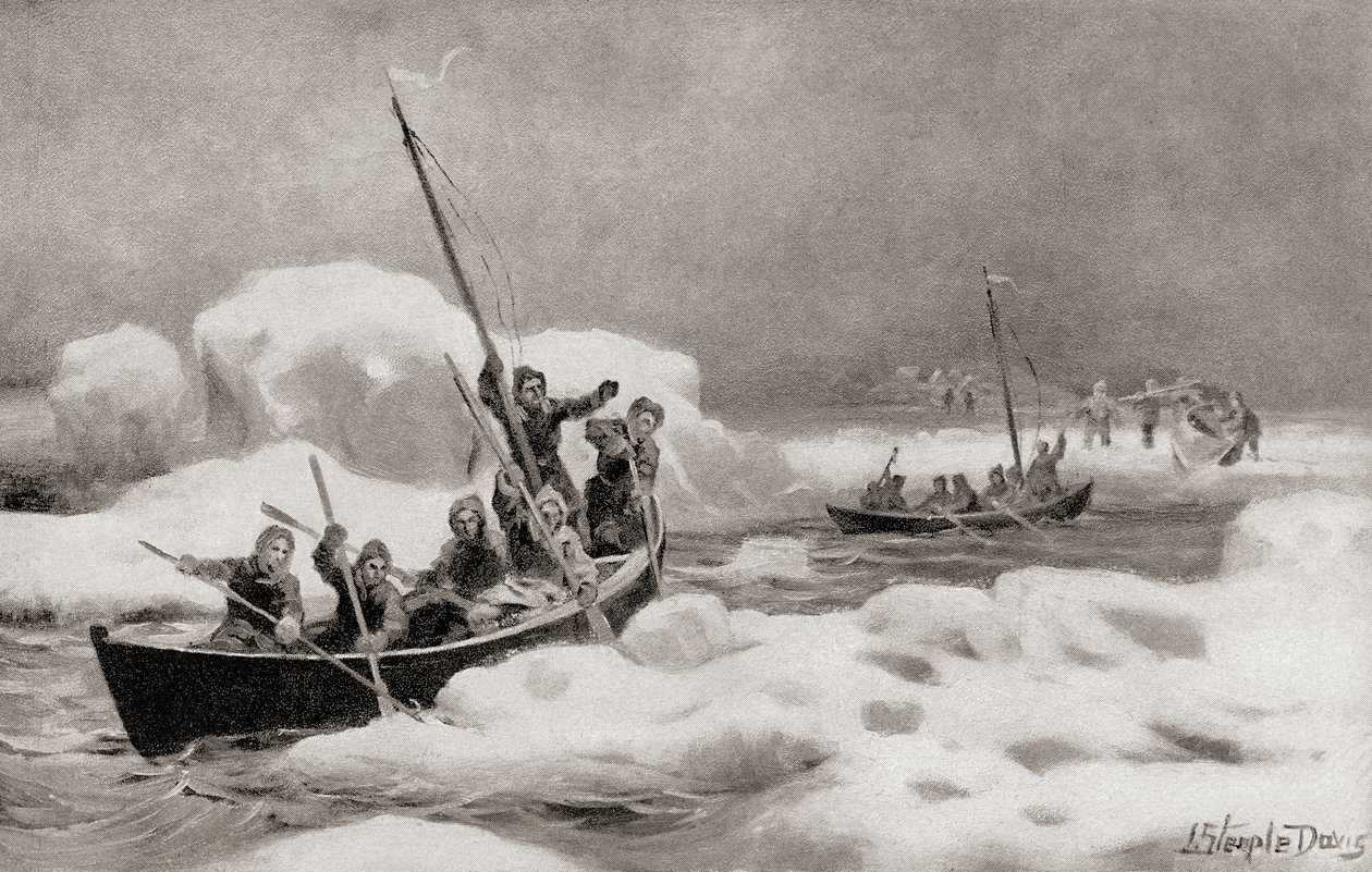 Elisha Kent Kane, leider van de Tweede Grinnell-expeditie van 1853, op zoek naar de verloren expeditie van kapitein Sir John Franklin in de Arctische gebieden, uit De Geschiedenis van Ons Land, gepubliceerd in 1905 (litho) door American School