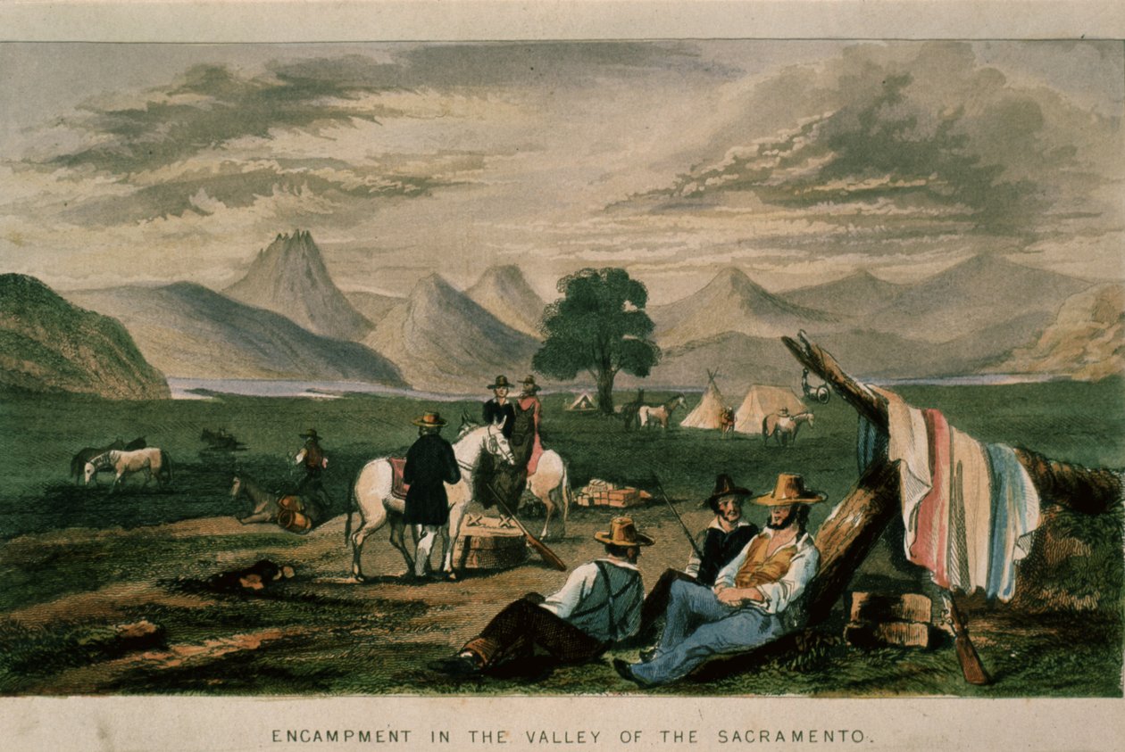 Kamp in de vallei van de Sacramento in 1598, illustratie uit California, its past history, its present position, its future prospects door G.A. Fleming, 1850 door American School