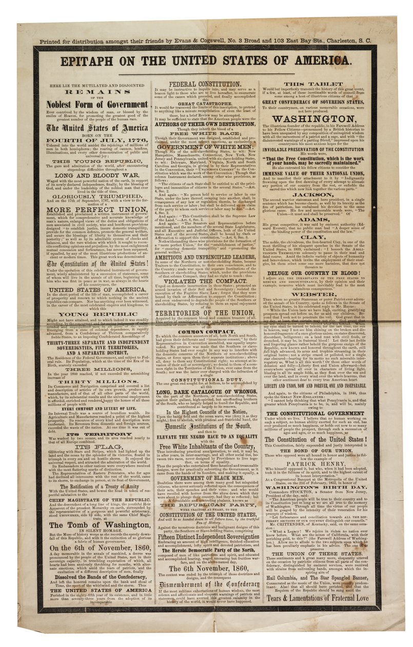 Grafschrift op de Verenigde Staten van Amerika, ca. 1861 door American School