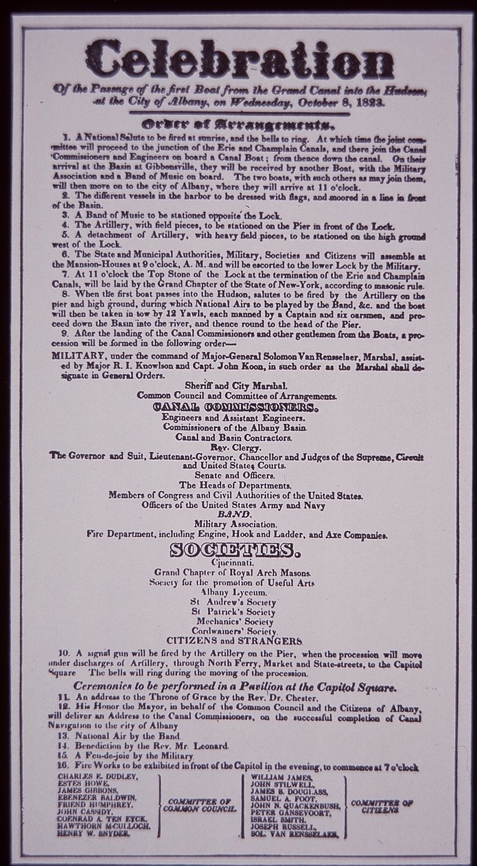 Erie Kanaal: sleutelonderdeel van het New York State Canal System; Broadside van 8 oktober 1823 ter viering van de opening (voltooid in 1825) door American School
