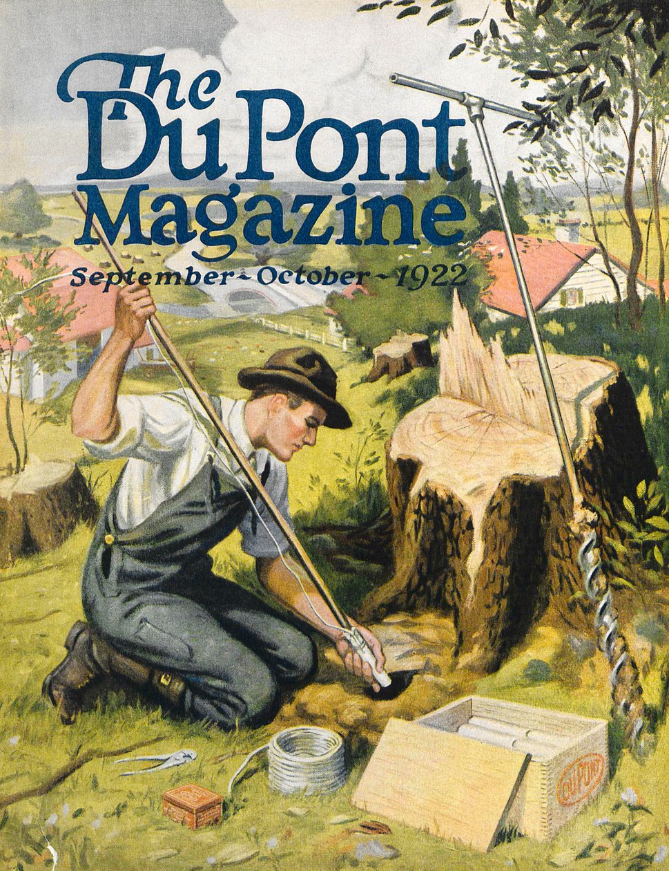 Boer plant DuPont dynamiet, vooromslag van het DuPont Magazine, september-oktober 1922 door American School