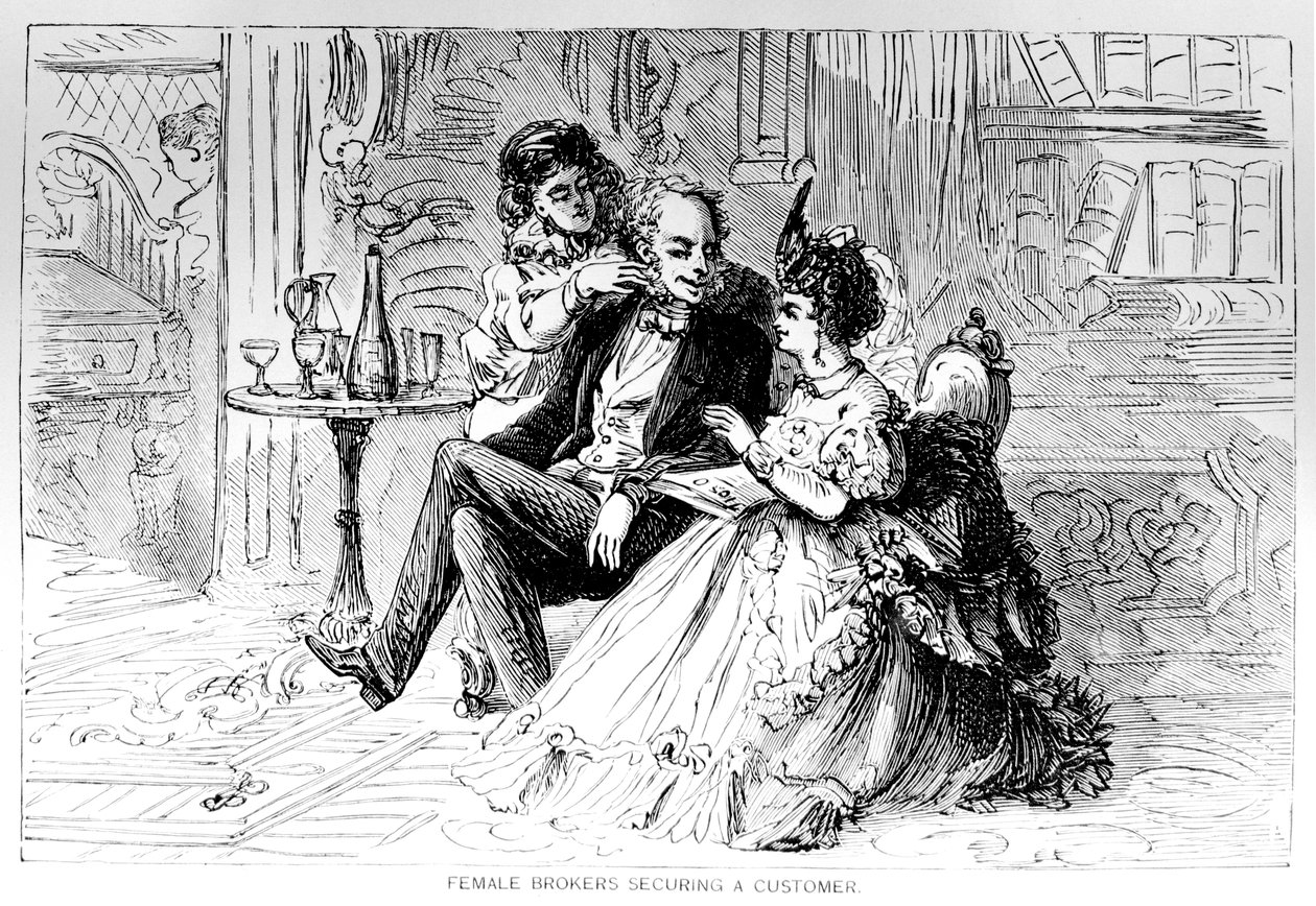 Vrouwelijke makelaars die een klant binnenhalen, illustratie uit The Bulls and Bears of New York, door Matthew Hale Smith (1810-79) 1873 door American School