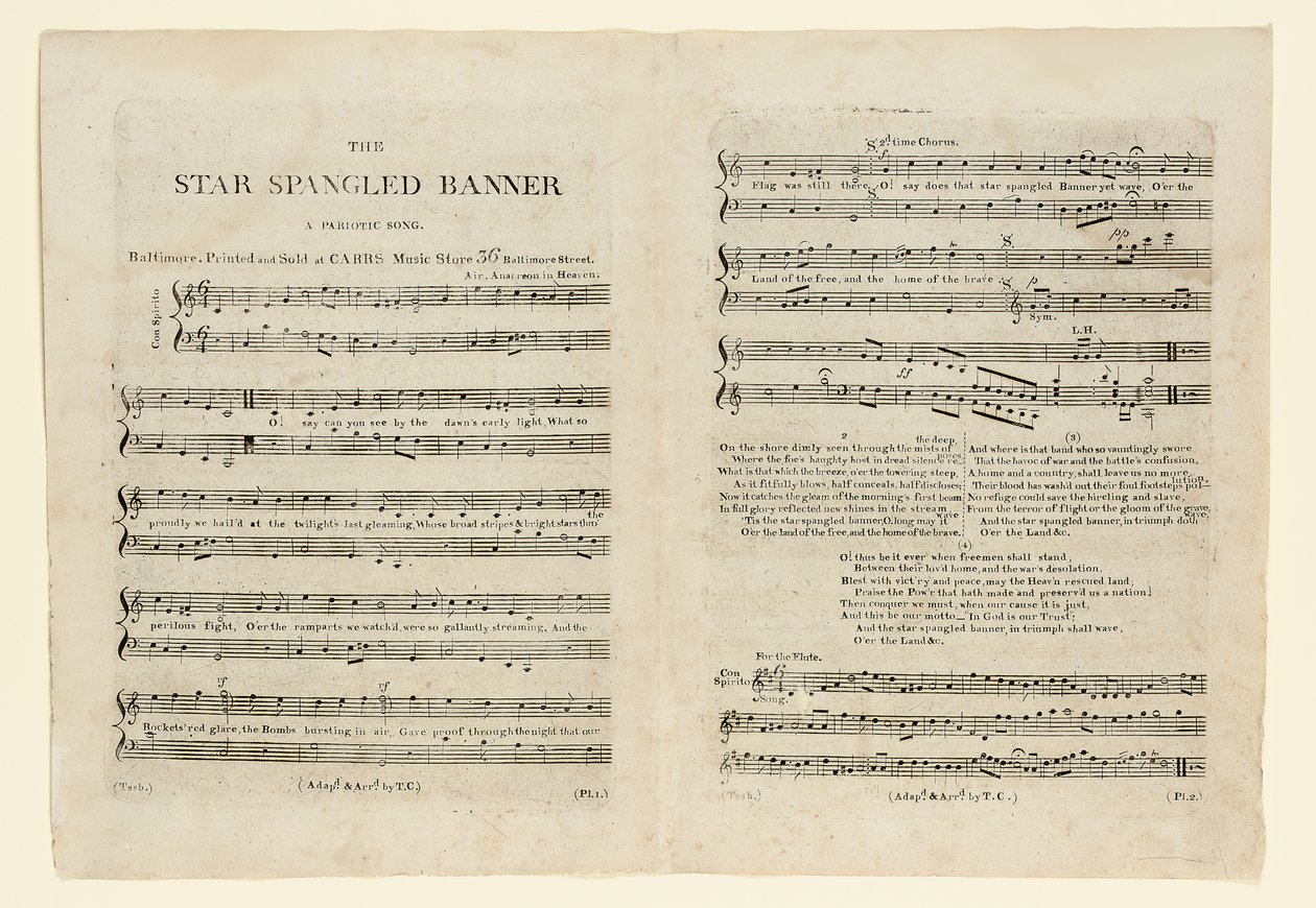 Eerste editie van de bladmuziek voor "The Star Spangled Banner. Een Patriottisch door American School