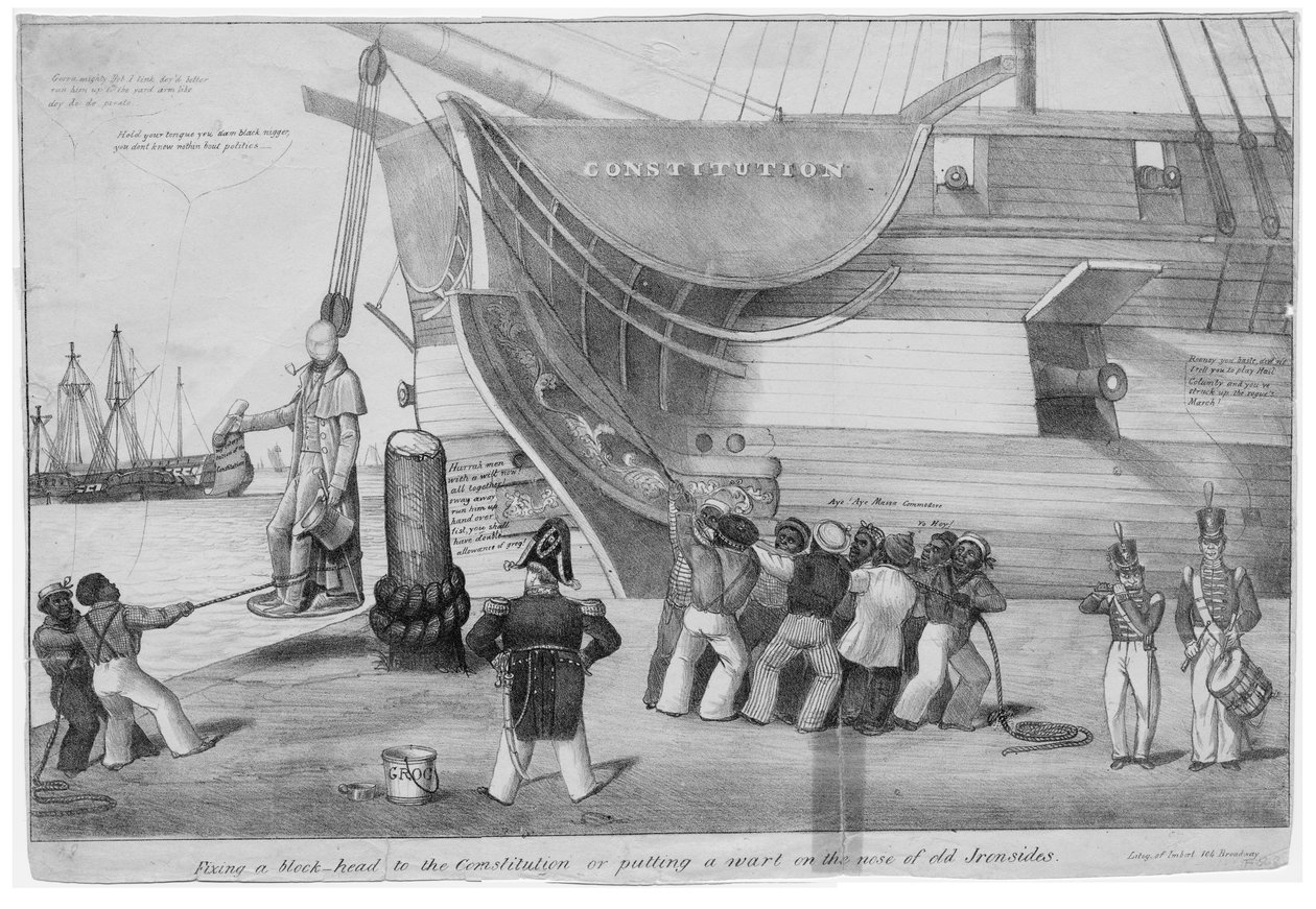 Een blokhoofd aan de Grondwet bevestigen, of, Een wrat op de neus van oude Ironsides zetten, ca. 1832 door American School