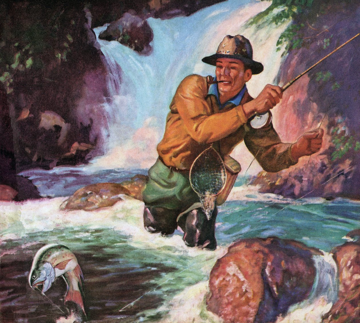 Vliegvisser in een rivier die een beekforel vangt door American School
