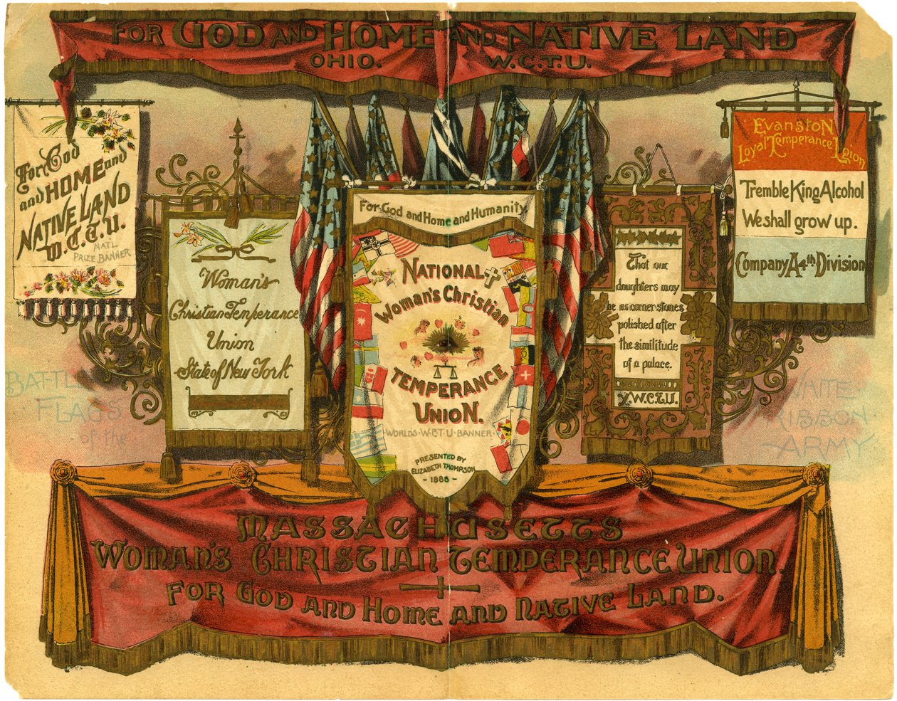 Voor God en Huis en Vaderland... Vrouwen Christelijke Matigheidsunie, Strijdvlaggen van het Witte Lint Leger, 1885 door American School