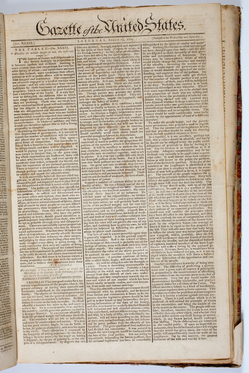 Voorpagina van de Gazette of the United States, 15 april 1789 door American School