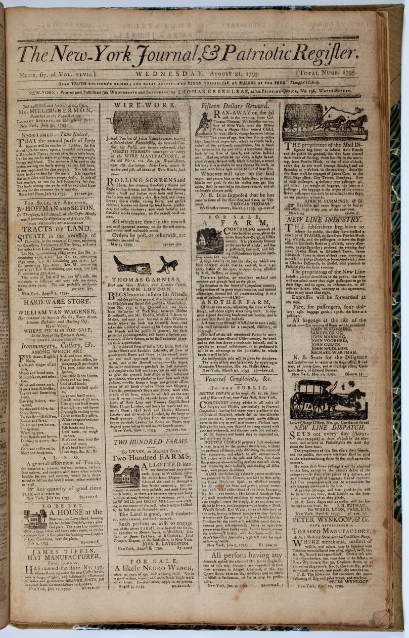 Voorpagina van de New York Journal and Patriot Register, 21 augustus 1793 door American School