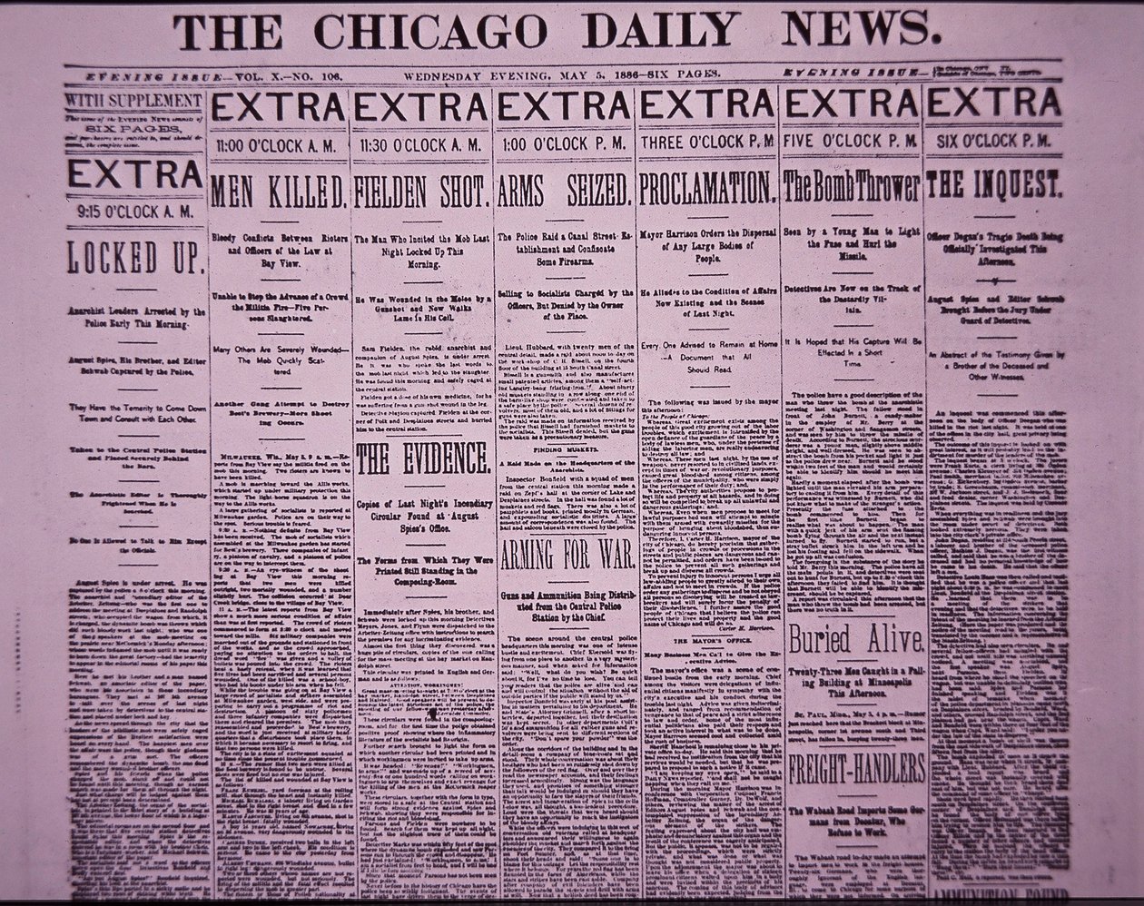 Voorpagina van The Chicago Daily News met berichtgeving over de Chicago Haymarket Arbeidersoproer, 5 mei 1886 door American School