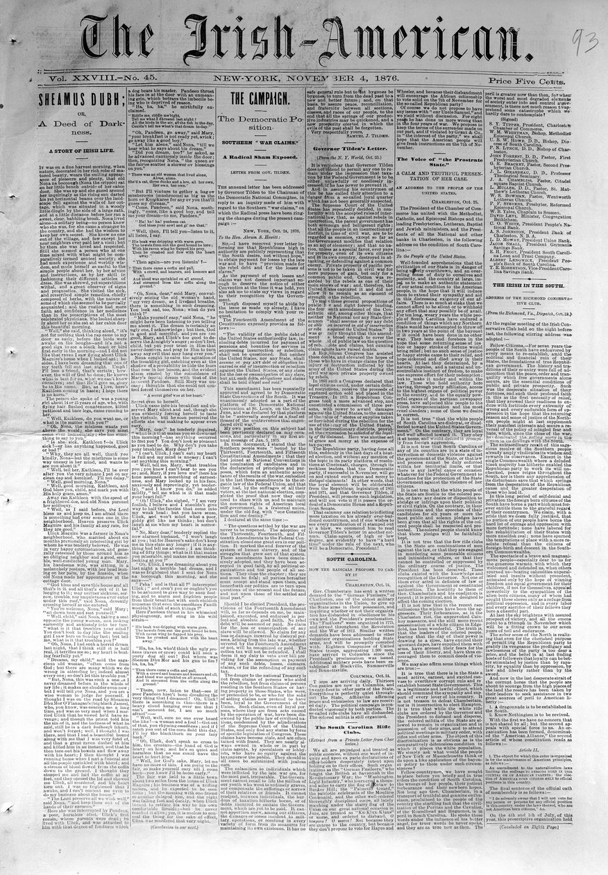 Voorpagina van The Irish-American, gepubliceerd in New York, 4 november 1876 door American School