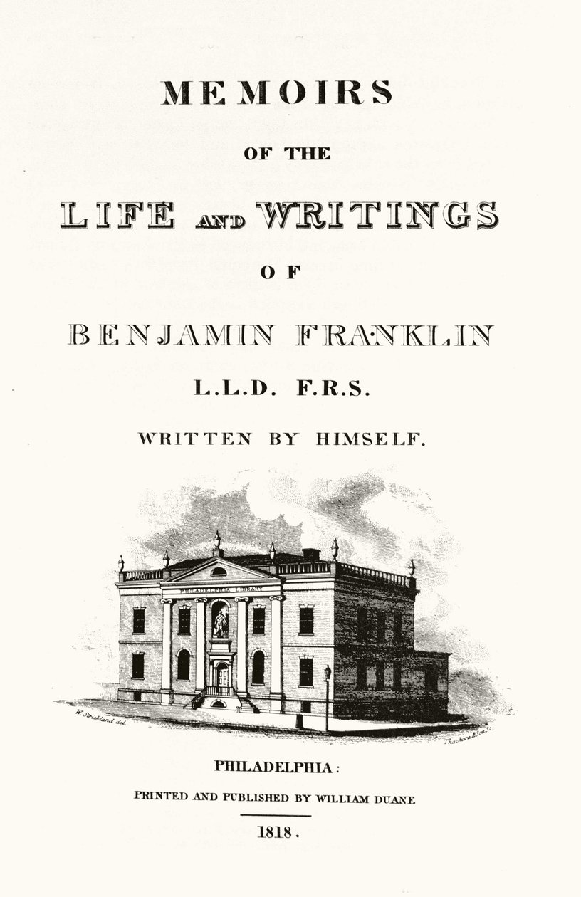 Frontispice van Memoirs of the life and writings of Benjamin Franklin autobiografie door Benjamin Franklin. Editie van 1818. door American School