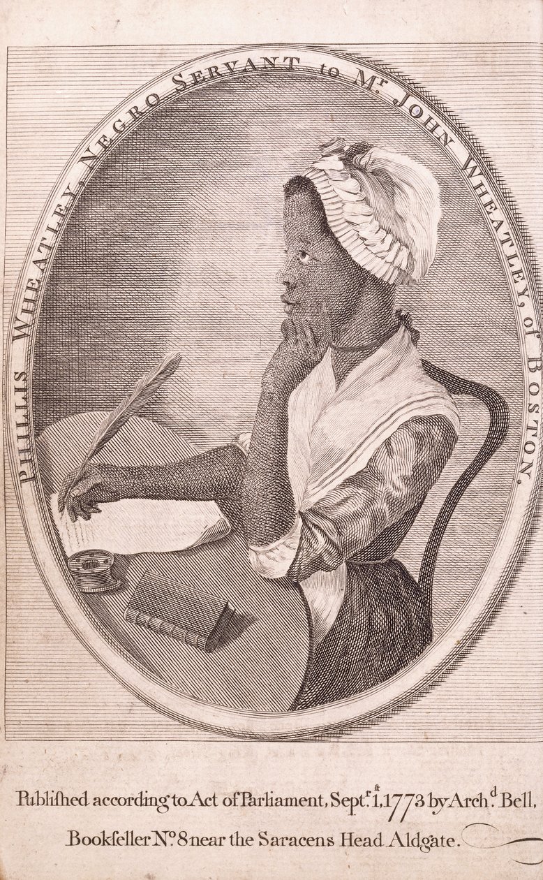 Frontispice portret van de auteur, Phillis Wheatley, uit het boek 