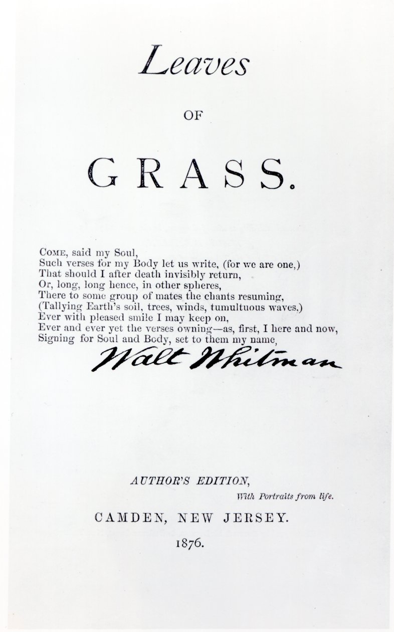 Frontispice van Leaves of Grass door Walt Whitman, gepubliceerd in 1876 door American School