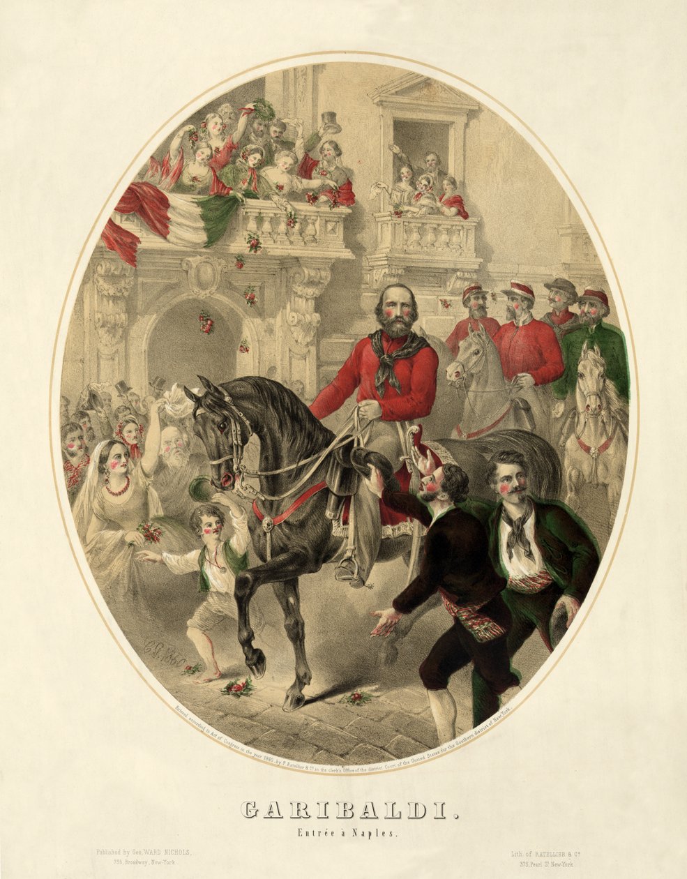 Garibaldi, entree in Napels (handgekleurde gravure) door American School