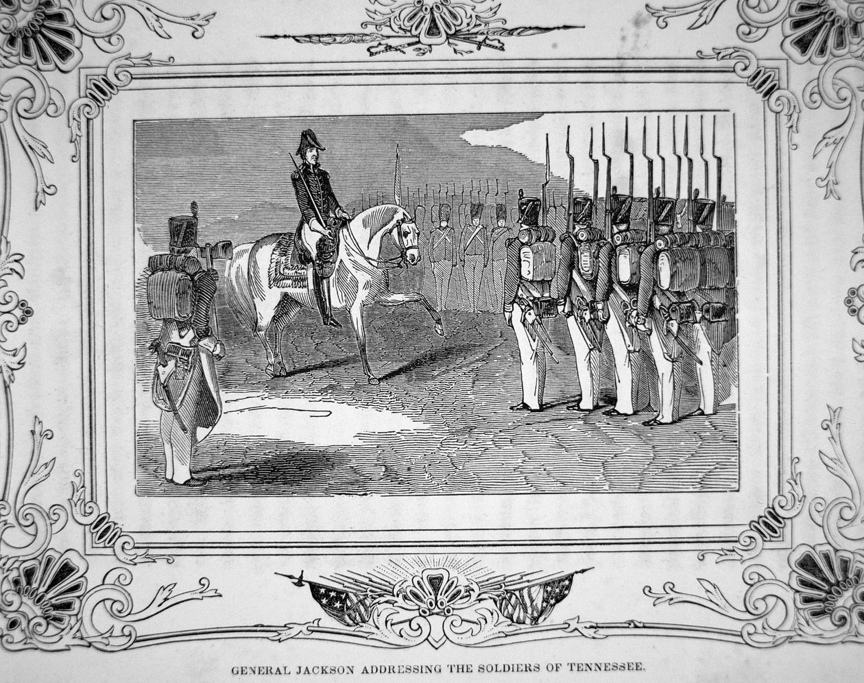 Generaal Andrew Jackson spreekt de Tennessee Militie toe voor de Slag bij Horsehoe Bend, 27 maart 1814 door American School