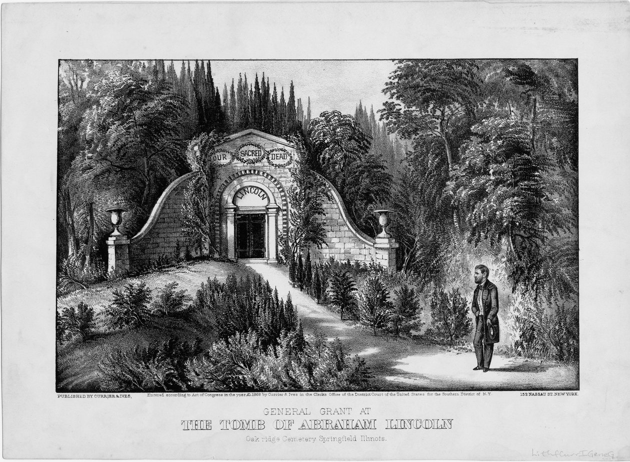 Generaal Grant bij het graf van Abraham Lincoln, Oak Ridge Cemetery, Springfield, Illinois door American School