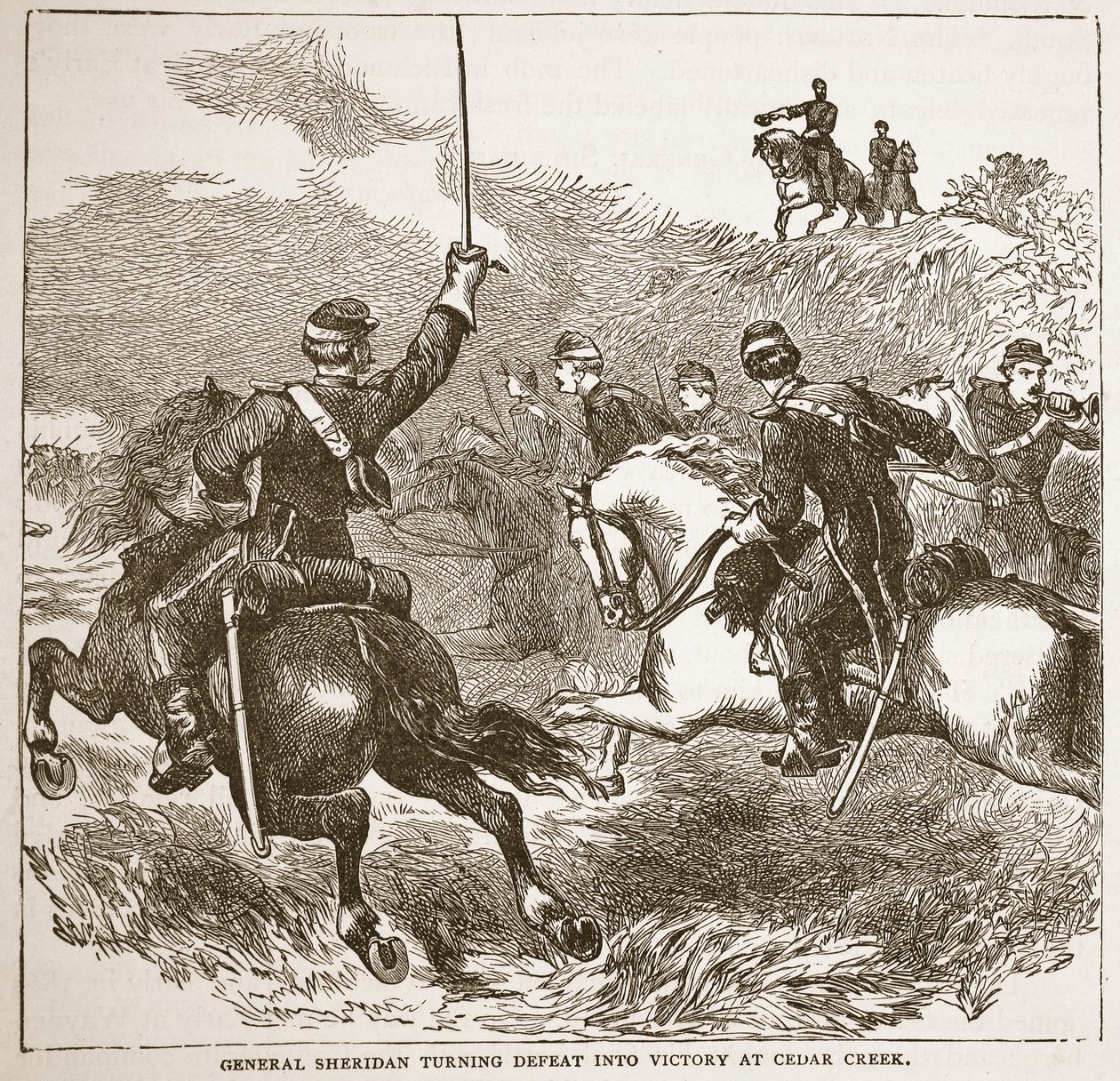 Generaal Sheridan verandert nederlaag in overwinning bij Cedar Creek, uit een boek gepubliceerd in 1896 door American School