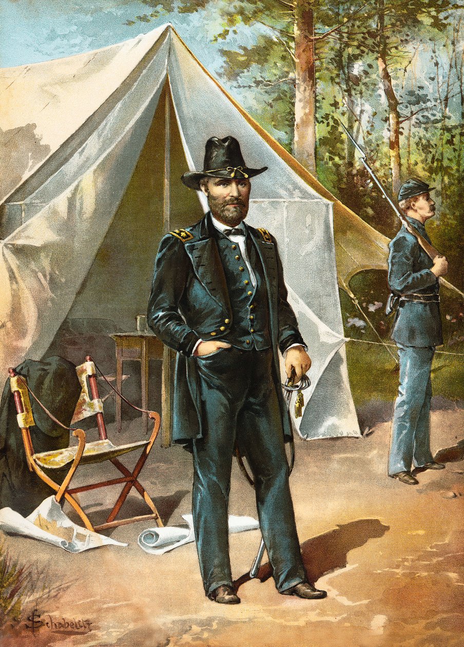 Generaal Ulysees S Grant voor zijn tent tijdens de Amerikaanse Burgeroorlog, uitgegeven 1892 door American School