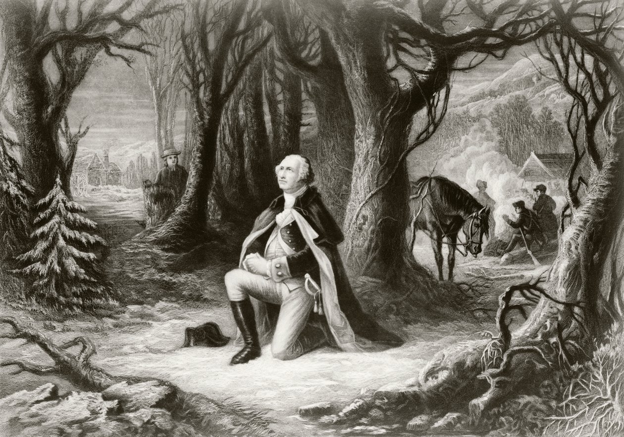 George Washington bidt in het kampement van Valley Forge tijdens de Amerikaanse Onafhankelijkheidsoorlog in de winter van 1777-78, naar een schilderij van Henry Brueckner door American School
