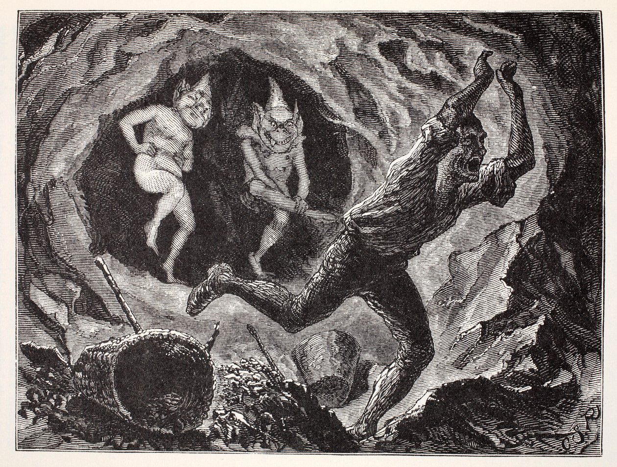 Kabouters die een mijnwerker bang maken, uit The World Guide to Gnomes, Fairies, Elves and Other Little People door Thomas Keightley (1789-1872) gepubliceerd 1880 door American School