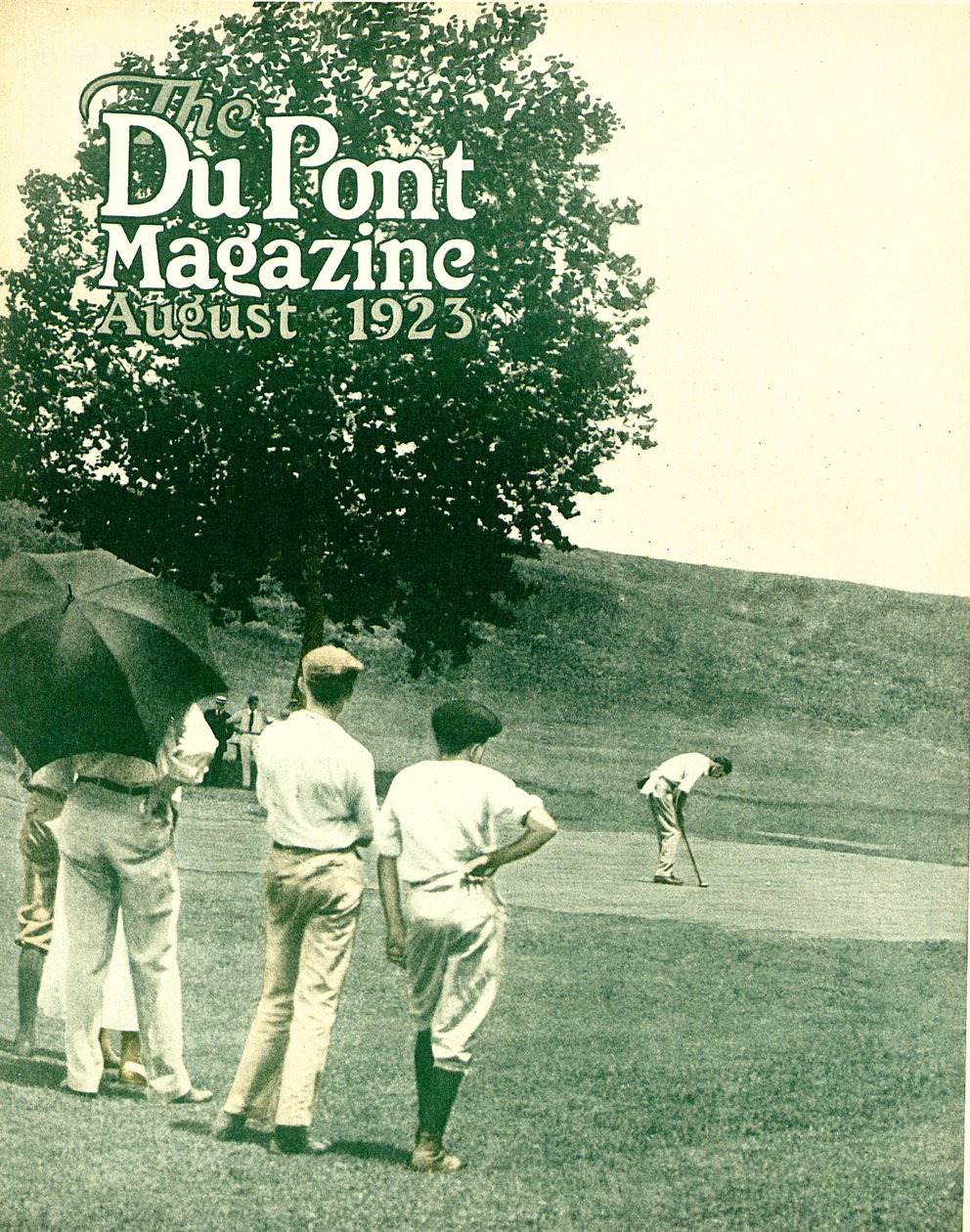 Golfen, voorpagina van het DuPont Magazine, augustus 1923 door American School