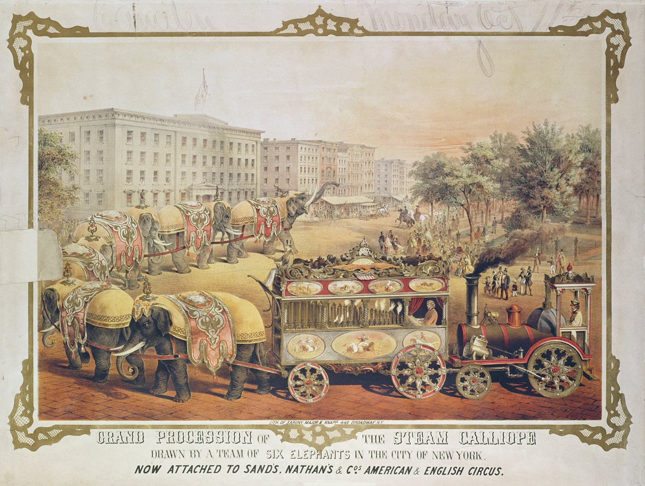 Grote processie van de Steam Calliope getrokken door een team van zes olifanten in de stad New York, 1857 door American School