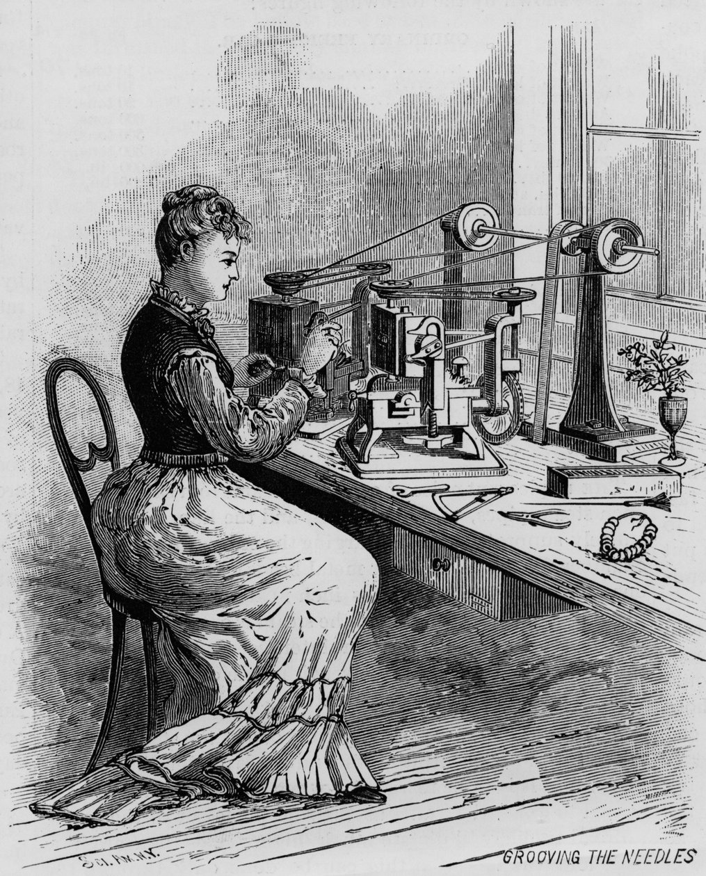 Groeven van de naalden, illustratie van naaimachineproductie uit Scientific American magazine, 1879 door American School
