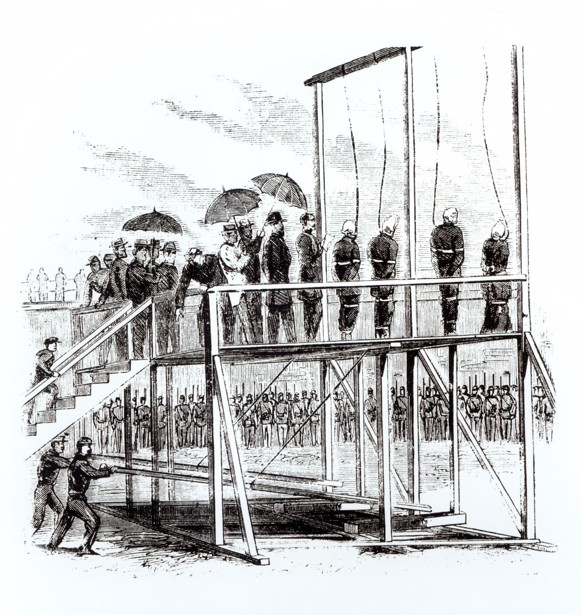 Ophanging van de samenzweerders van de moord op Lincoln, 7 juli 1865 door American School