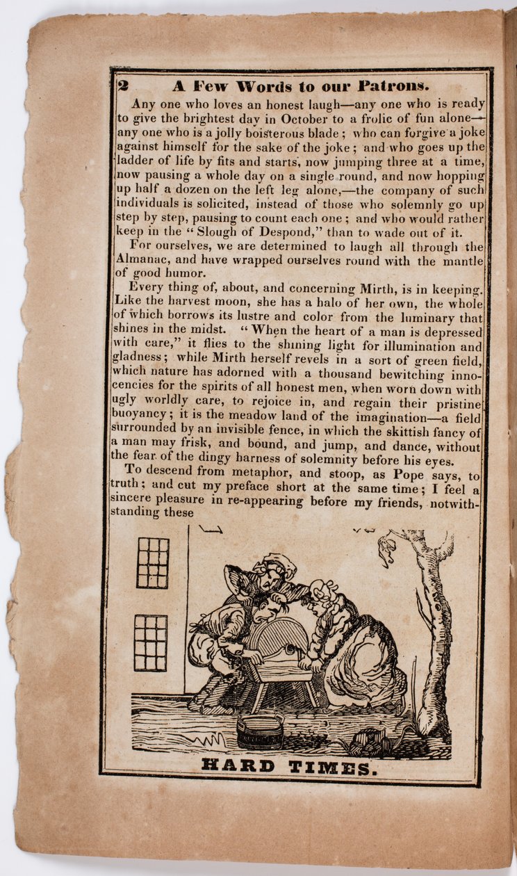 Moeilijke Tijden, pagina 2 uit The American Comic Almanac voor 1838 door American School