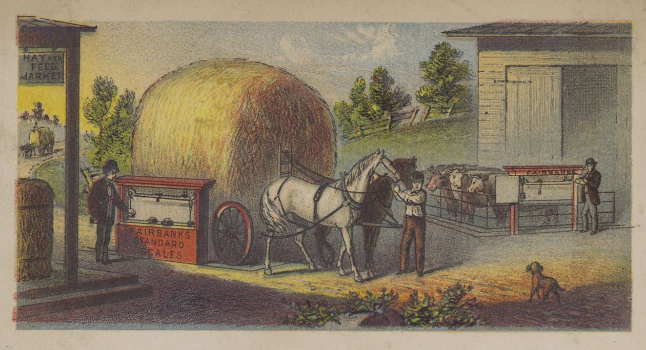 Hooi wordt gewogen op een Fairbanks standaardweegschaal (chromolitho) door American School