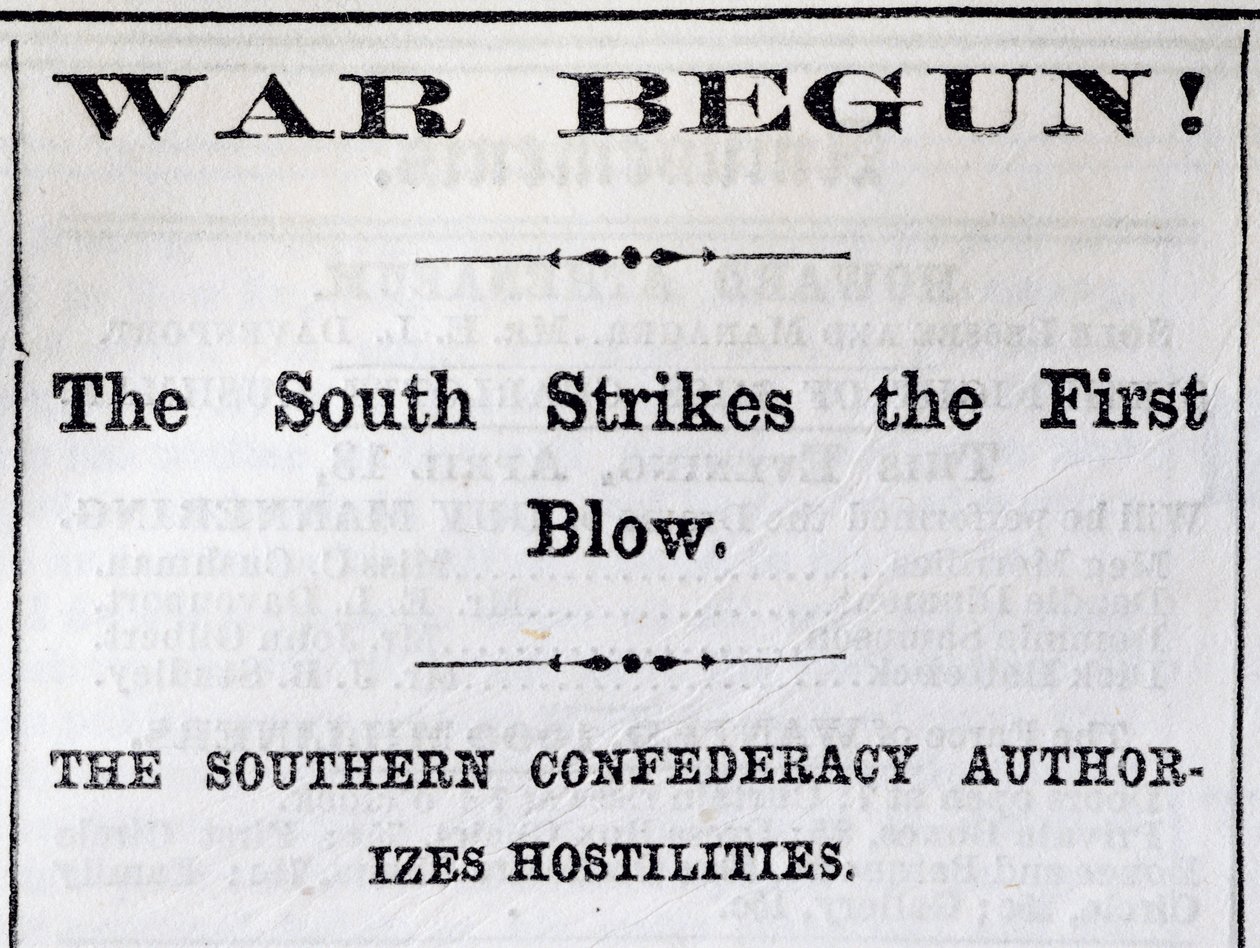 Kop uit de Boston Evening Transcript met aankondiging van het begin van de Burgeroorlog, 13 april 1861 (krantenartikel) door American School