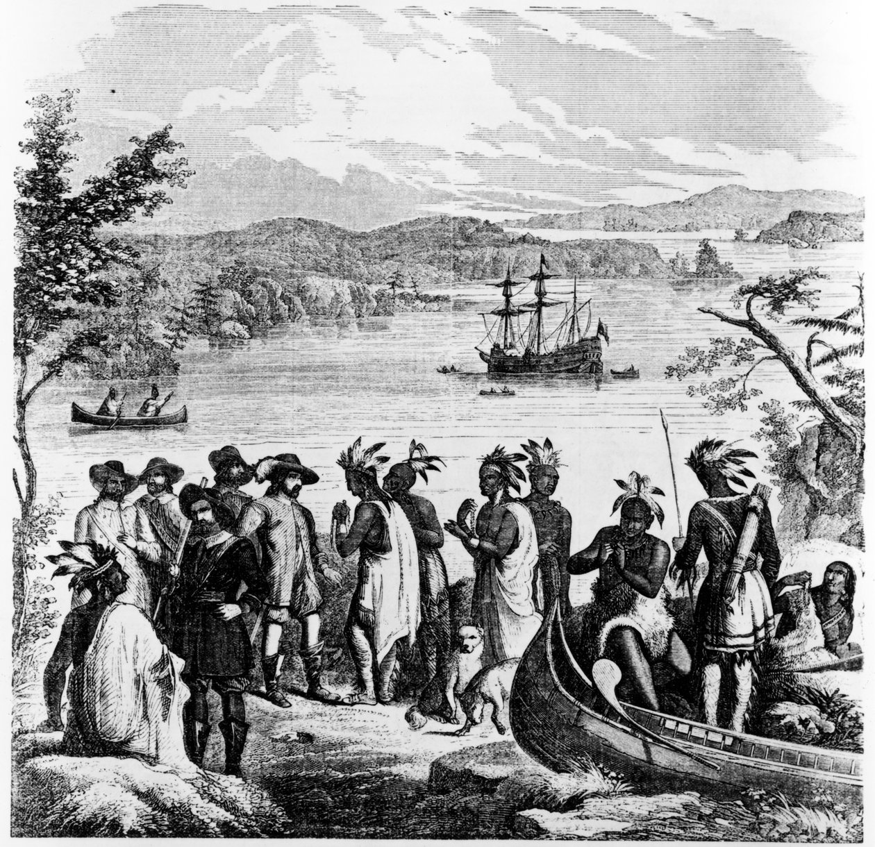 Henry Hudson daalt de Hudson River af, illustratie uit Ballou