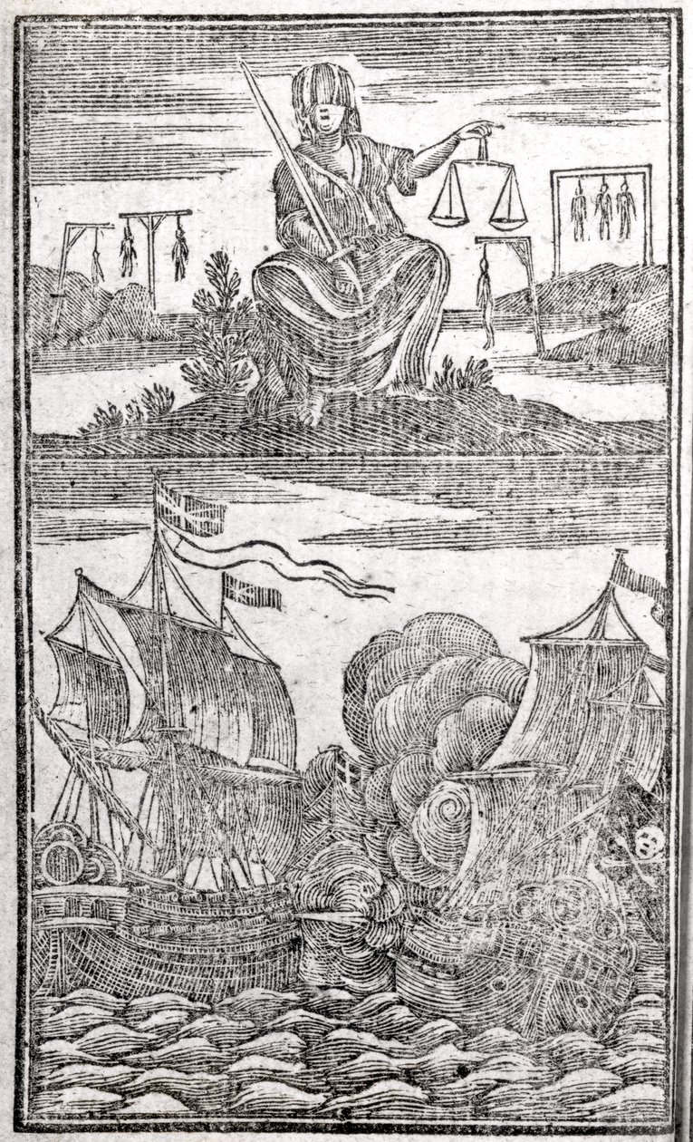 Geschiedenis en levens van alle beruchtste piraten en hun bemanningen, frontispice, Londen, 1725 door American School