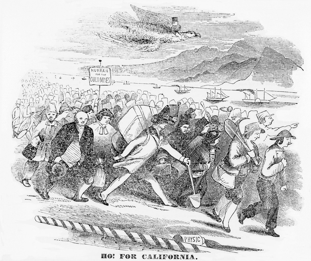 Ho! voor Californië, illustratie uit de New York Atlas, 14 januari 1849 door American School