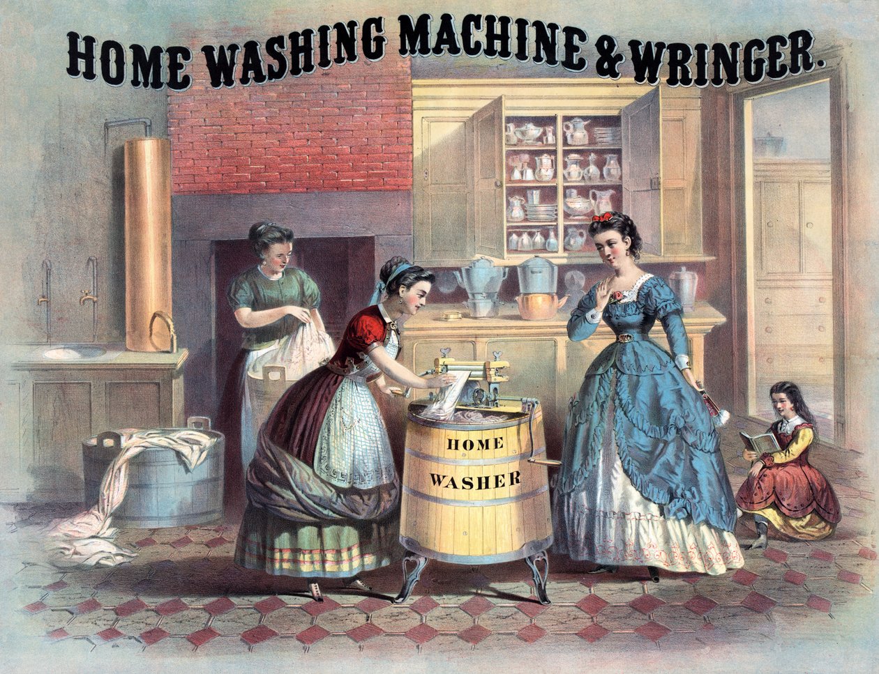 Huishoudelijke wasmachine en wringer, ca. 1869 door American School