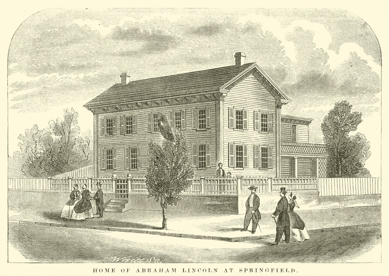 Het huis van Abraham Lincoln in Springfield (gravure) door American School