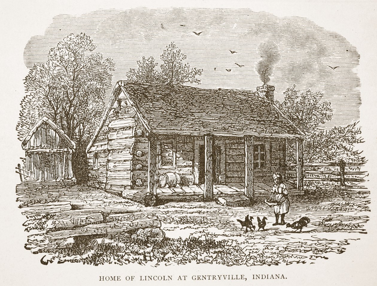 Huis van Lincoln in Gentryville, Indiana, uit een boek gepubliceerd in 1896 door American School