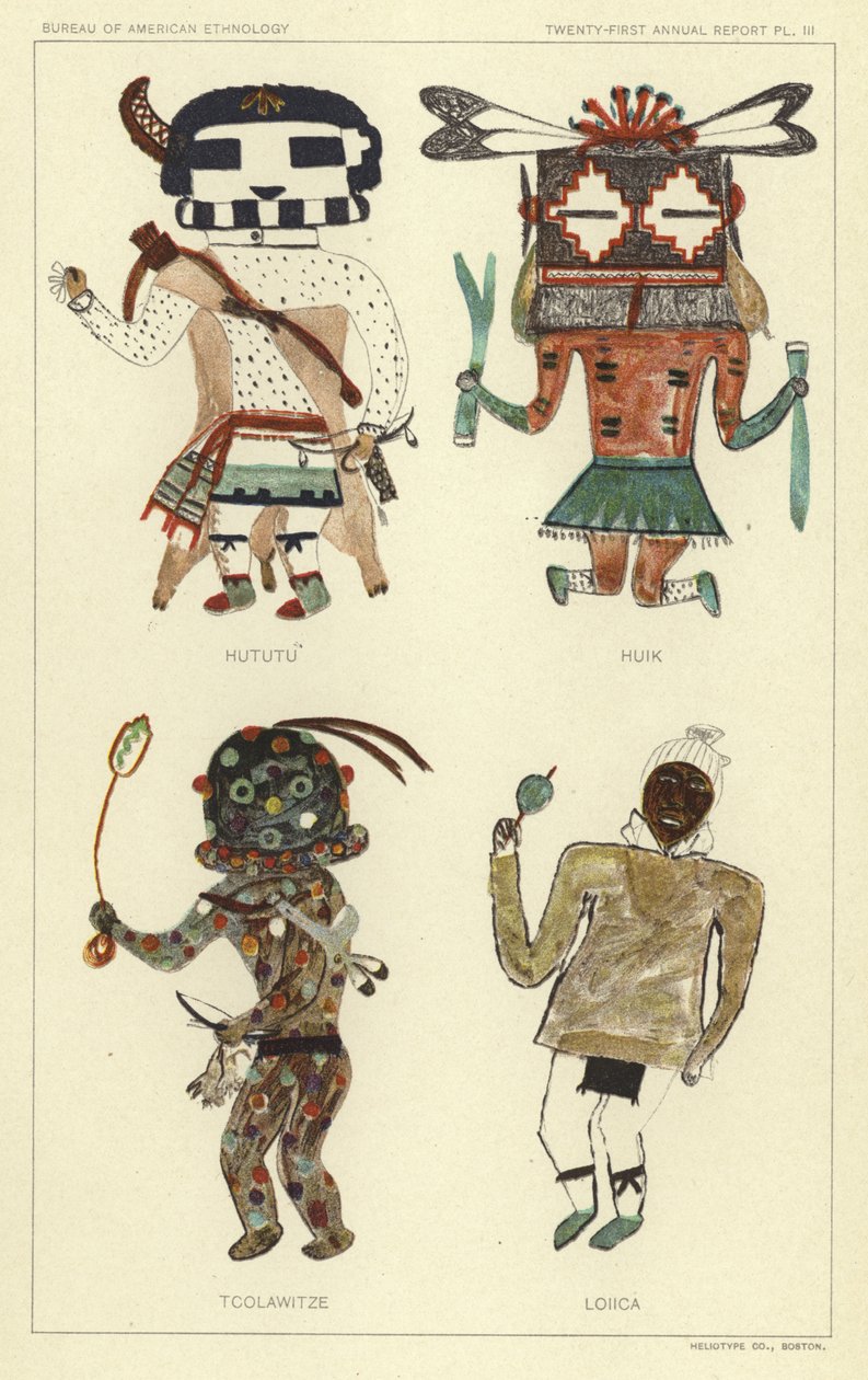 Hututu, Huik, Tcolawitze, Loiica (kleurenlitho) door American School