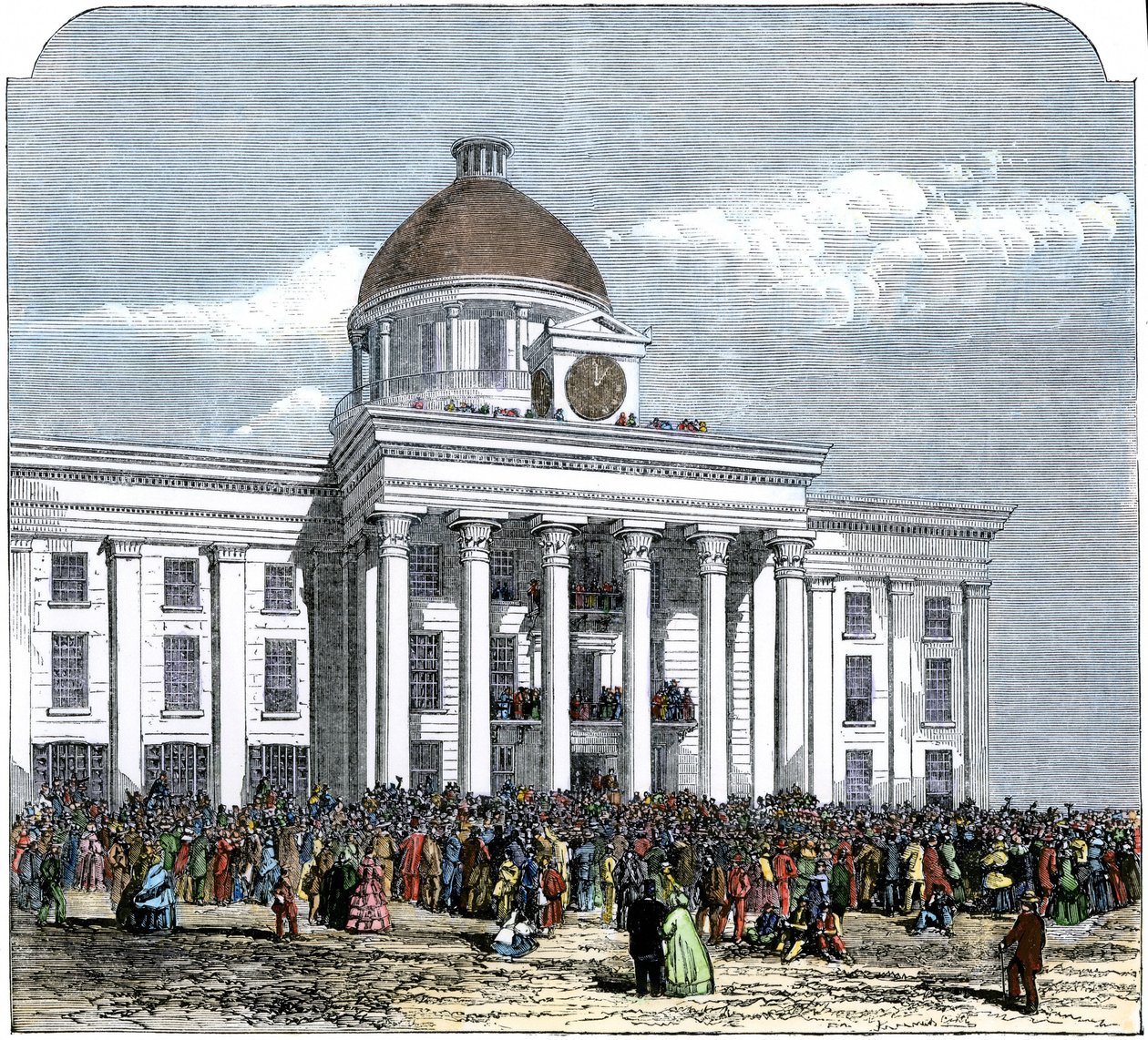 Inauguratie van president Jefferson Davis als Hwas van de Geconfedereerde Staat van Amerika, stadhuis van Montgomery, Alabama door American School