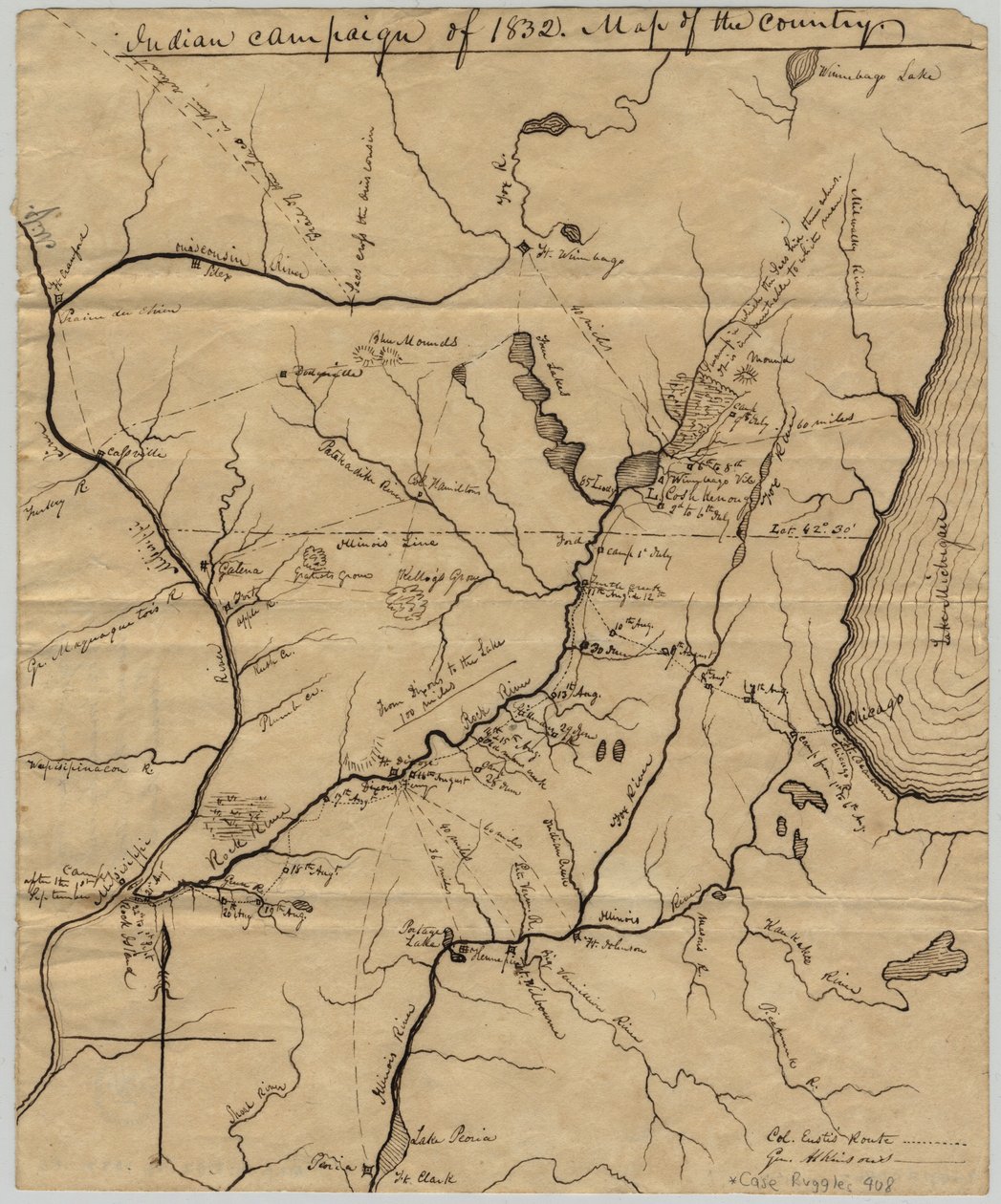 Indianencampagne van 1832: Kaart van het gebied, 1832 door American School