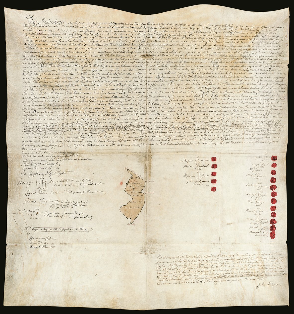 Indianenverdrag, Easton Conference, Pennsylvania, 23 oktober 1758 (pen en inkt met was op perkament) door American School