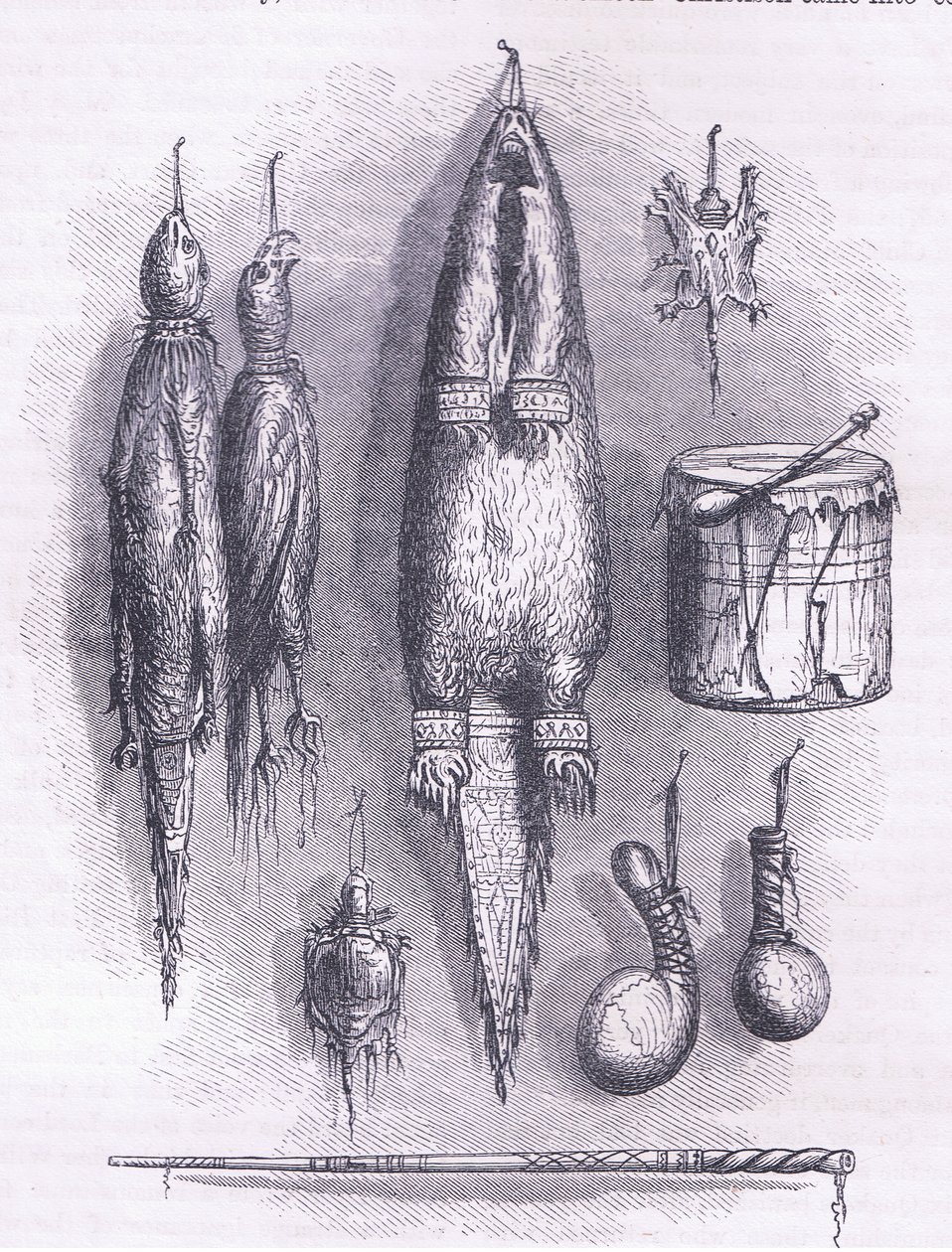 Indiaanse medicijnzak, mysteriefluit, gevechten en trommel 1661, illustratie uit Cassell