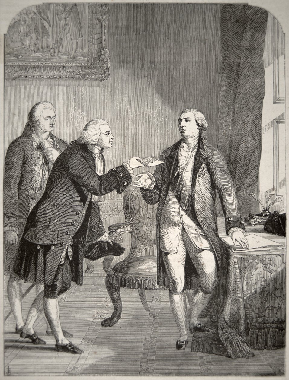 John Adams (1735-1826) als de eerste Amerikaanse ambassadeur aan het Engelse hof, die zijn geloofsbrieven overhandigt aan koning George III (1738-1820) door American School