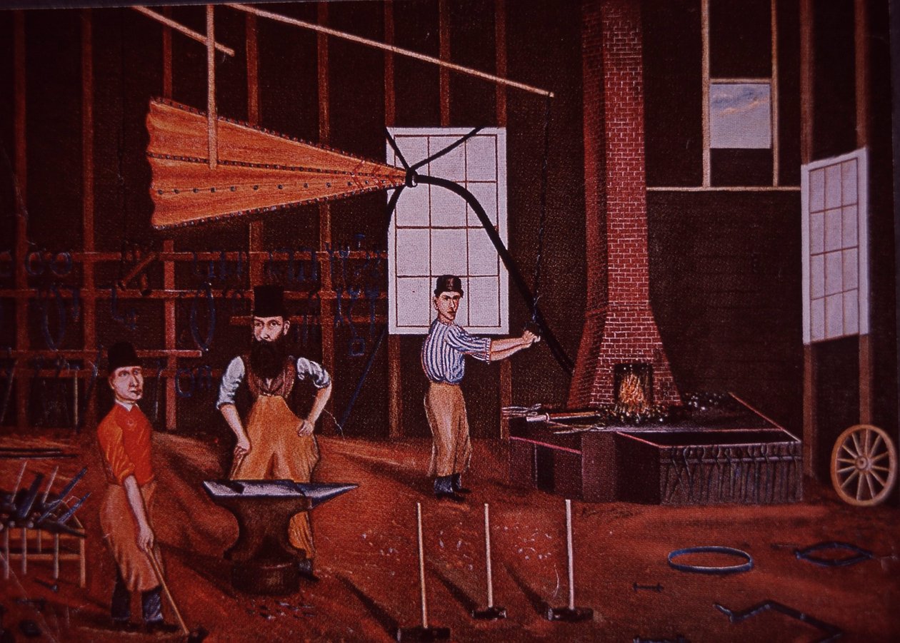 John Mohler Studebaker (midden), Duits-Amerikaanse wagenmaker in werkplaats, ca. 1858 door American School