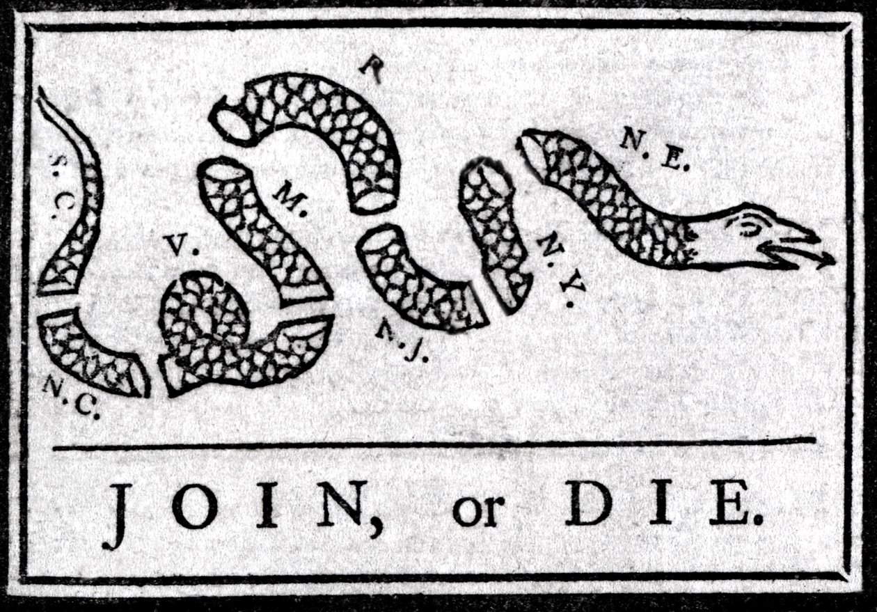 Join or Die, tekening, beschouwd als de eerste politieke cartoon, gepubliceerd in de 