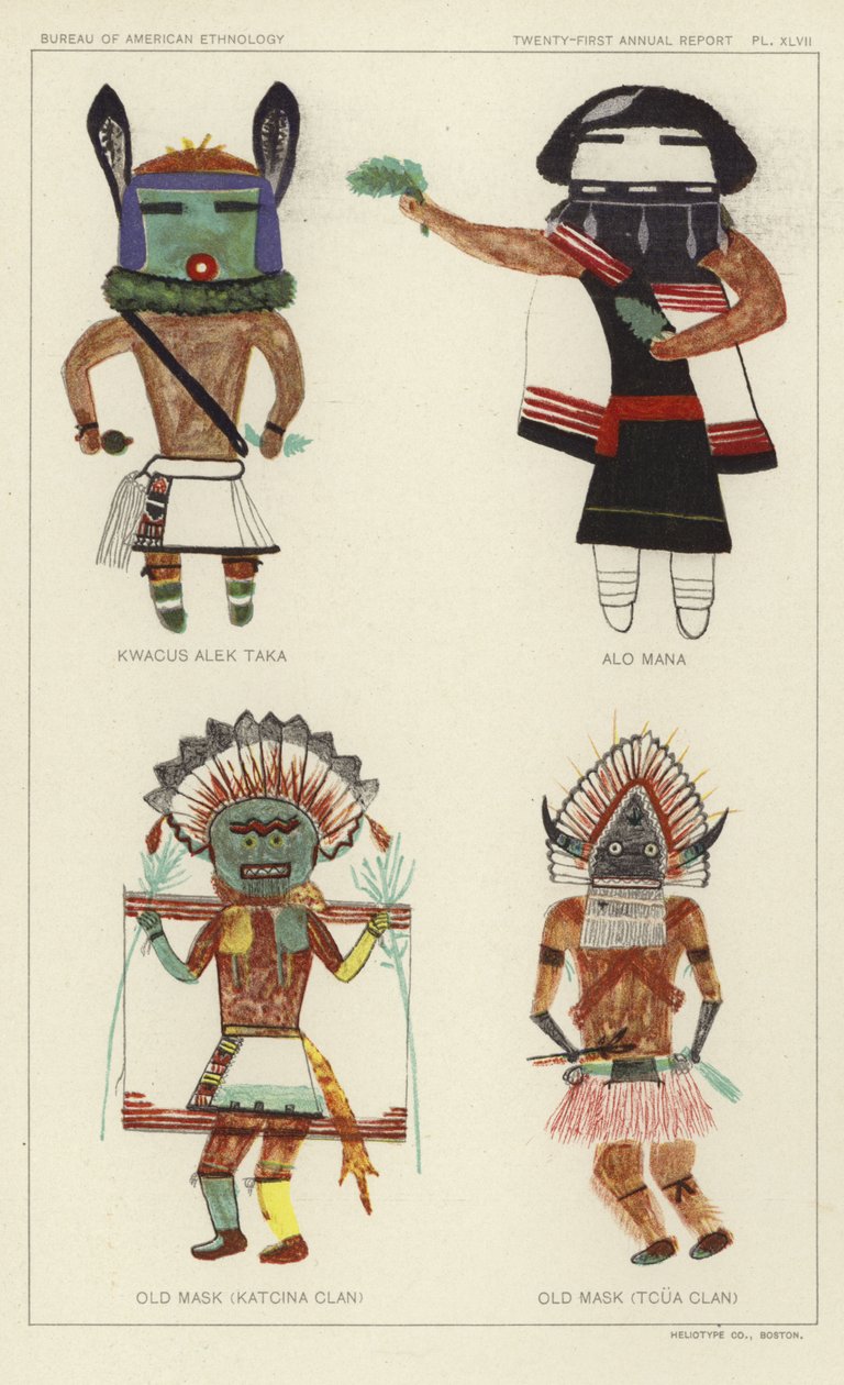 Kwacus Alek Taka, Alo Mana, Oud Masker (Katcina Clan), Oud Masker (Tcua Clan) (kleurenlitho) door American School