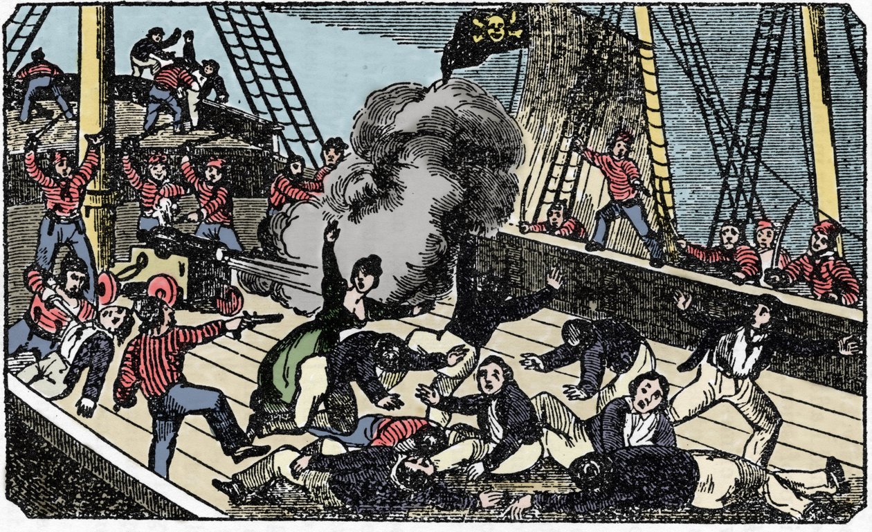 De dood van de piratenedelman Jean Lafitte (1780-1826), gravure uit The pirate own book 1837. door American School