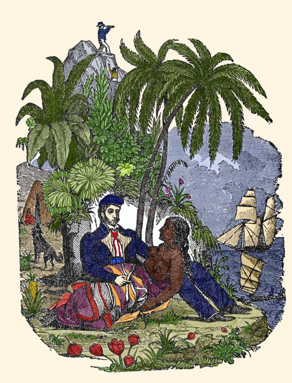 Het leven van piraten op het eiland Madagaskar. Gravure uit 