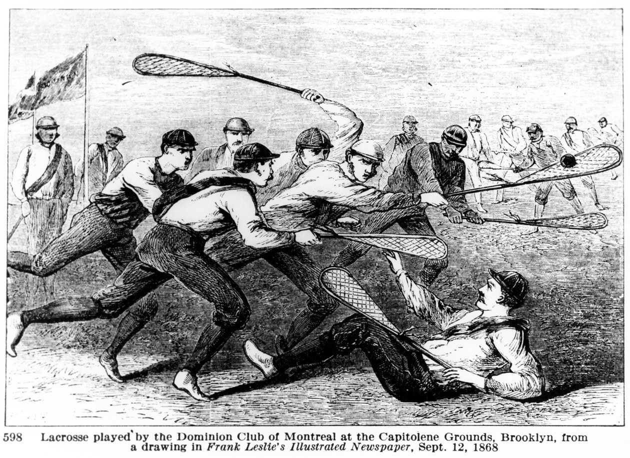 Lacrosse gespeeld door de Dominion Club van Montreal op de Capitoline Grounds, Brooklyn, uit een tekening in Frank Leslie