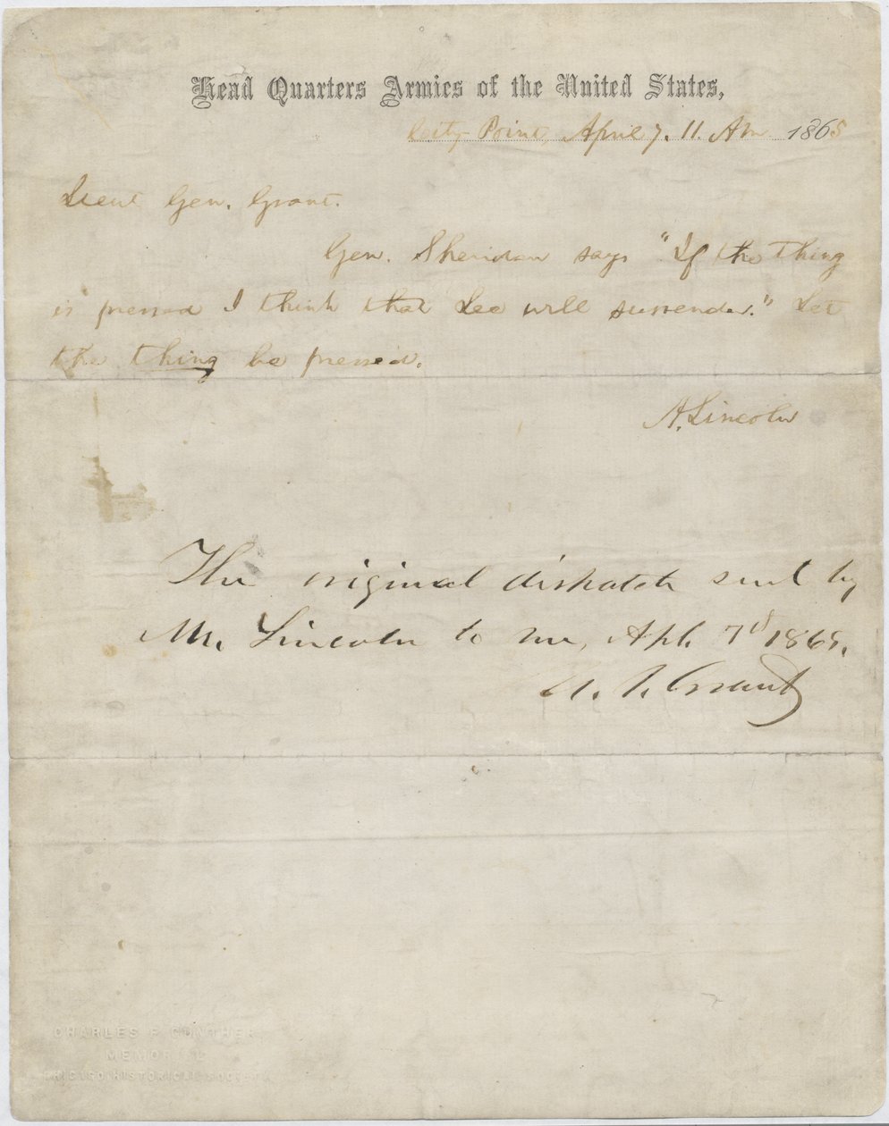 Brief van Abraham Lincoln aan Generaal Ulysses S. Grant, 7 april 1865 door American School
